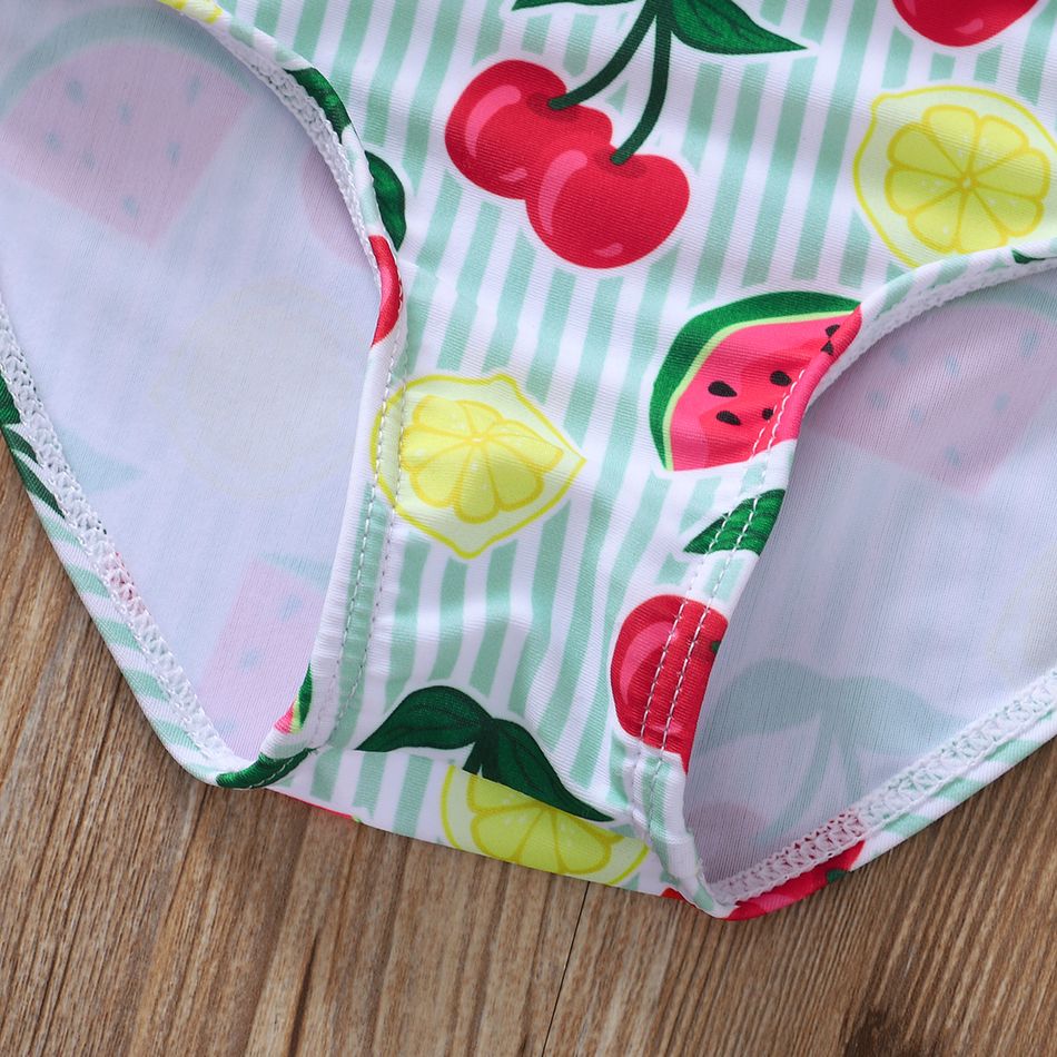 2pcs Cherry Watermelon Lemon Stripe Print Sleeveless Green and White Baby Swimsuit Green/White big image 5