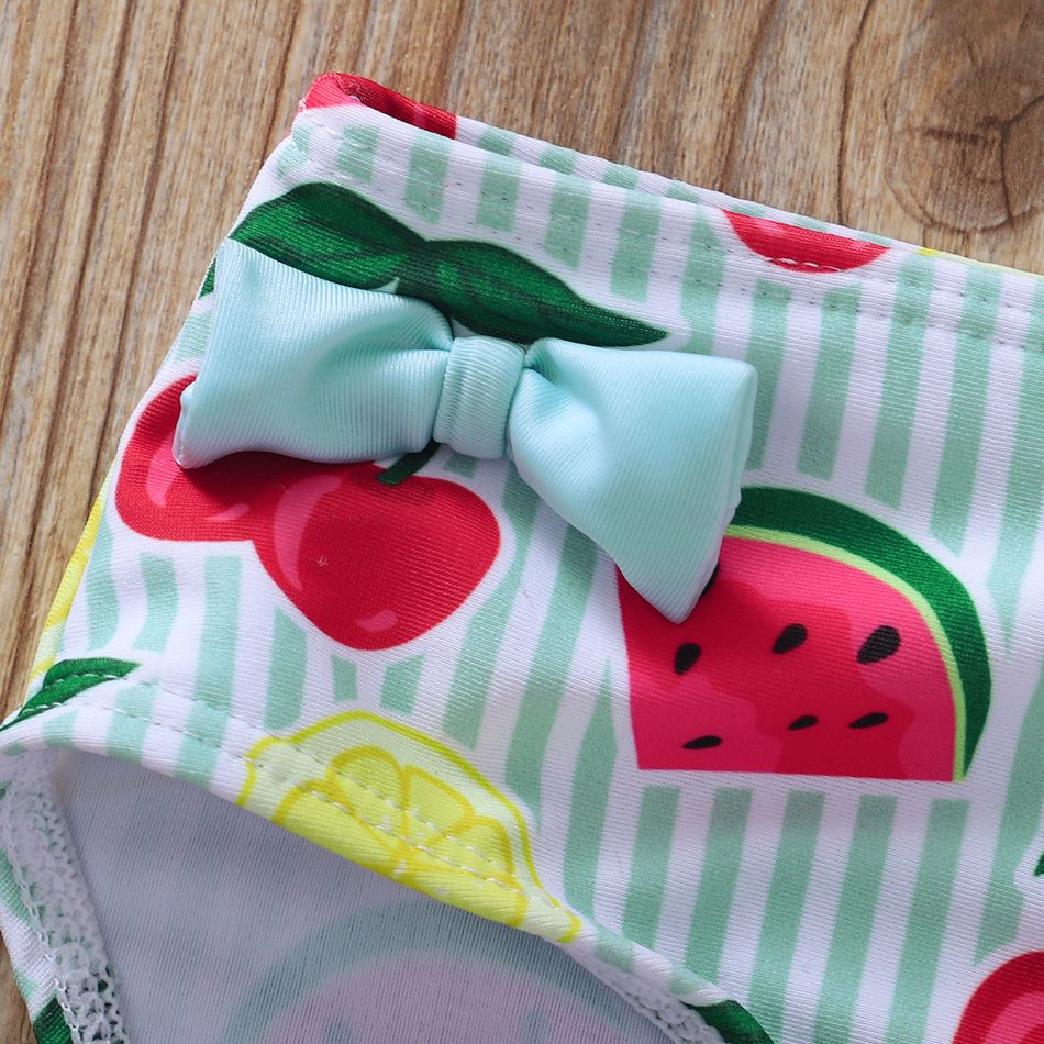 2pcs Cherry Watermelon Lemon Stripe Print Sleeveless Green and White Baby Swimsuit Green/White big image 6