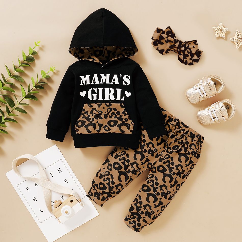 3pcs Leopard Print Hooded Long-sleeve Baby Set Black