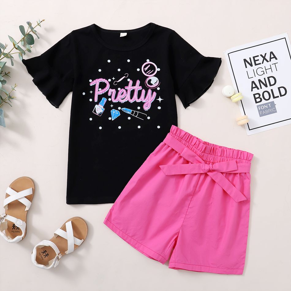 Pretty Kid Girl Flounced Colorful Cosmetic Letter Print Casual Suits Black