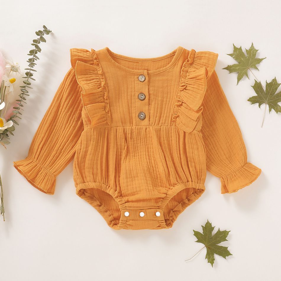 Crepe Solid Ruffle Decor Long-sleeve Baby Romper Ginger big image 1