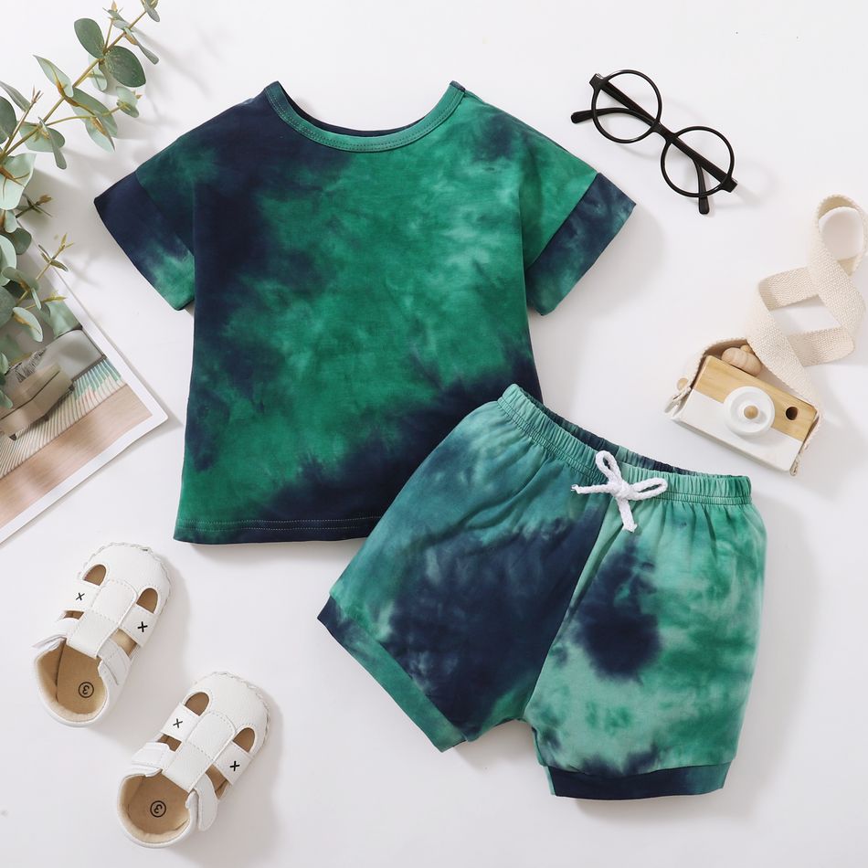 2-piece Toddler Girl/Boy Tie Dye Round-collar T-shirt and Elasticized Shorts Set Dark Green