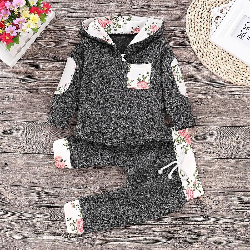 2pcs Hooded Floral Print Long-sleeve Baby Set Dark Grey