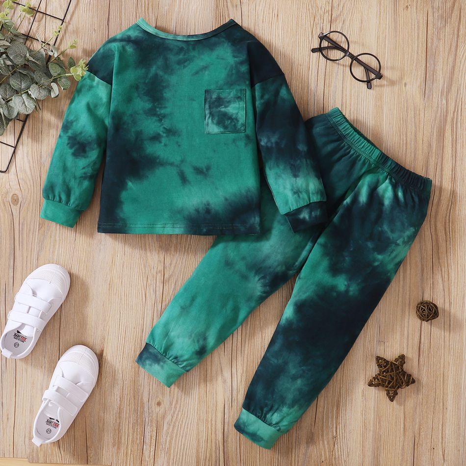 2pcs Toddler Girl/Boy Cotton Tie Dye Pullover Sweatshirt and Pants Set Green big image 2