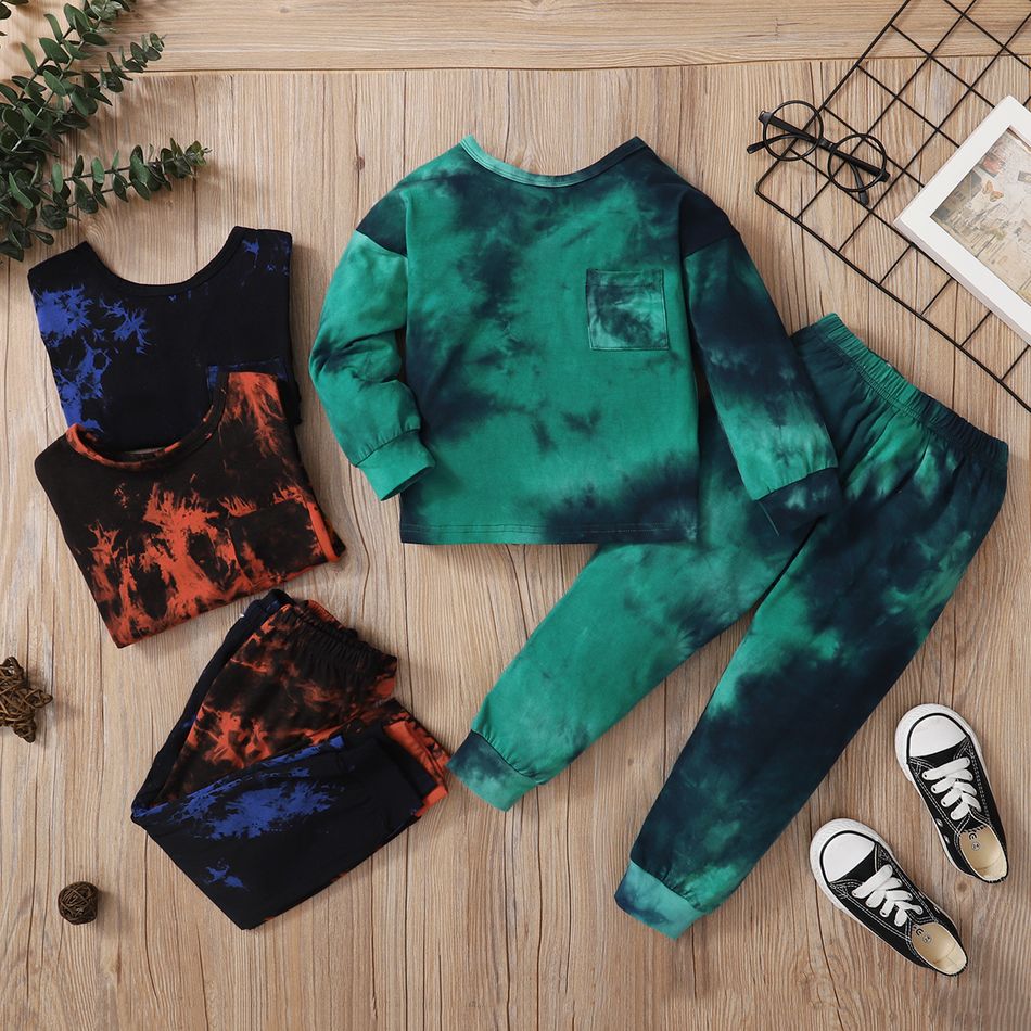 2pcs Toddler Girl/Boy Cotton Tie Dye Pullover Sweatshirt and Pants Set Green