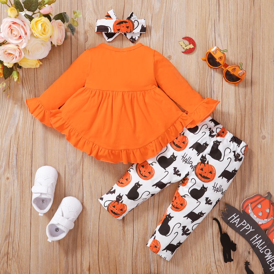 Baby 3pcs Halloween Orange Long-sleeve Top and Pumpkin Print Trouser Set Orange big image 6
