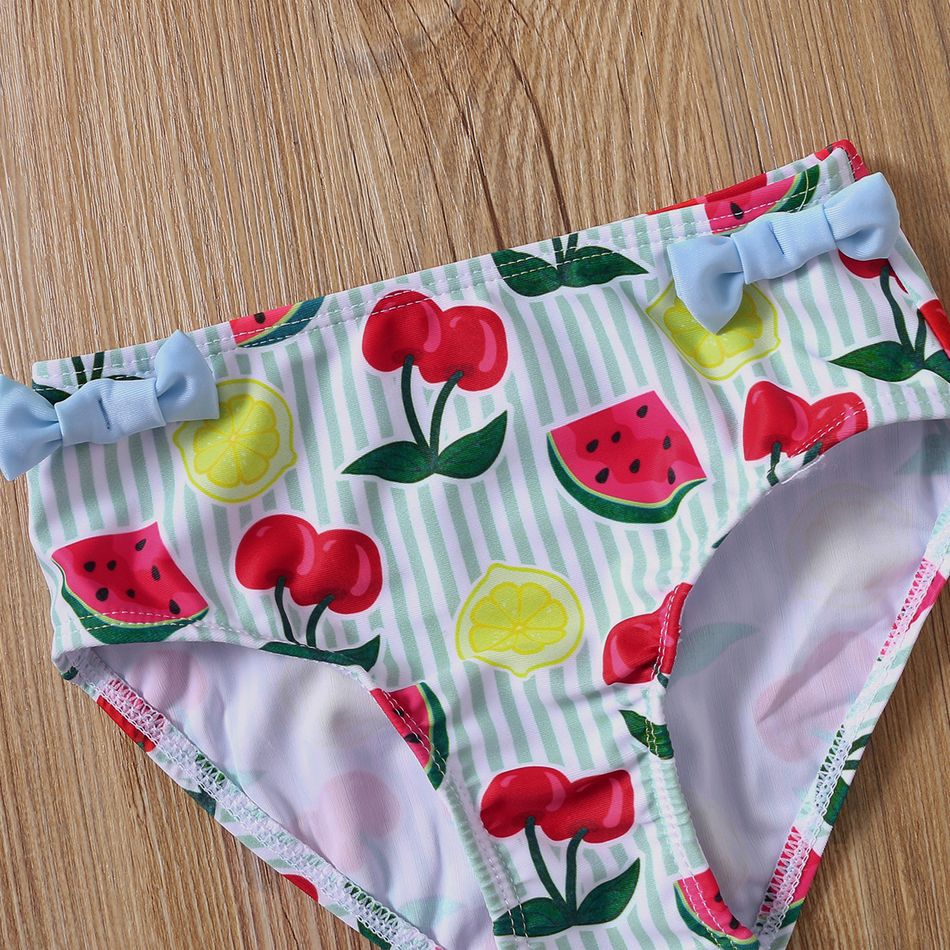 2pcs Cherry Watermelon Lemon Stripe Print Sleeveless Green and White Baby Swimsuit Green/White big image 8