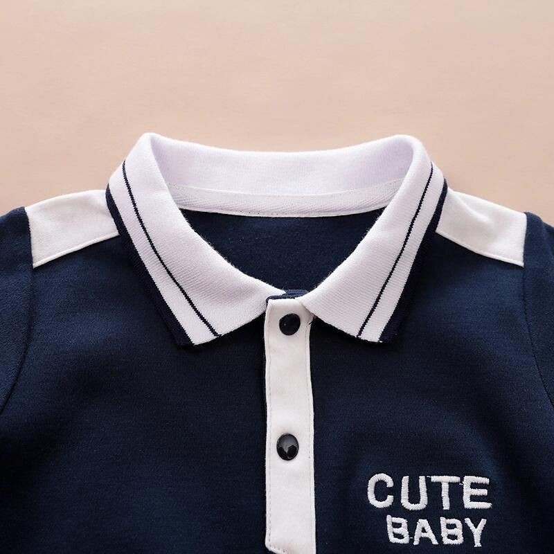 Solid Letter Print Polo Collar Footed/footie Long-sleeve Navy Baby Jumpsuit Dark Blue