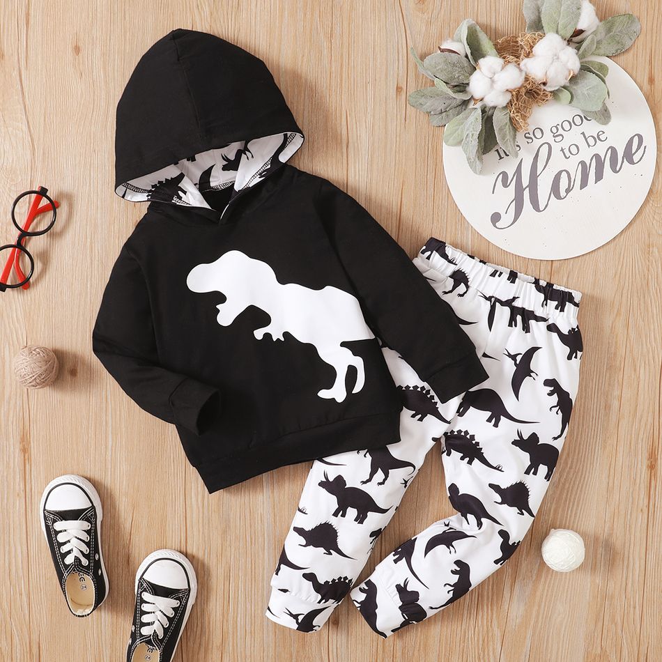 2-piece Toddler Boy Dinosaur Print Black Hoodie Sweatshirt and Pants Set Black big image 8