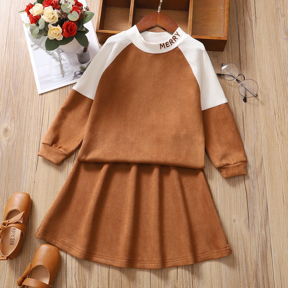 2-piece Kid Girl Letter Embroidered Rib-knit Colorblock Pullover and Solid Skirt Set Khaki