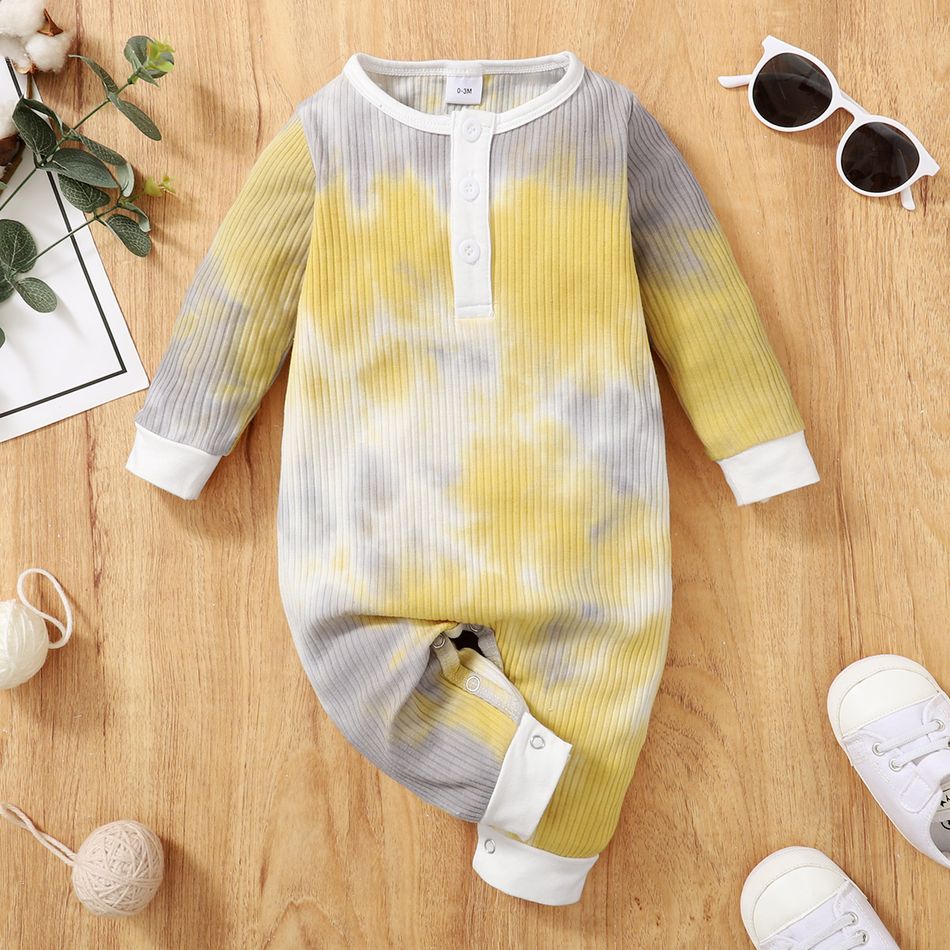 Tie Dye Long-sleeve Cotton Ribbed Baby Jumpsuit Pale Yellow big image 2