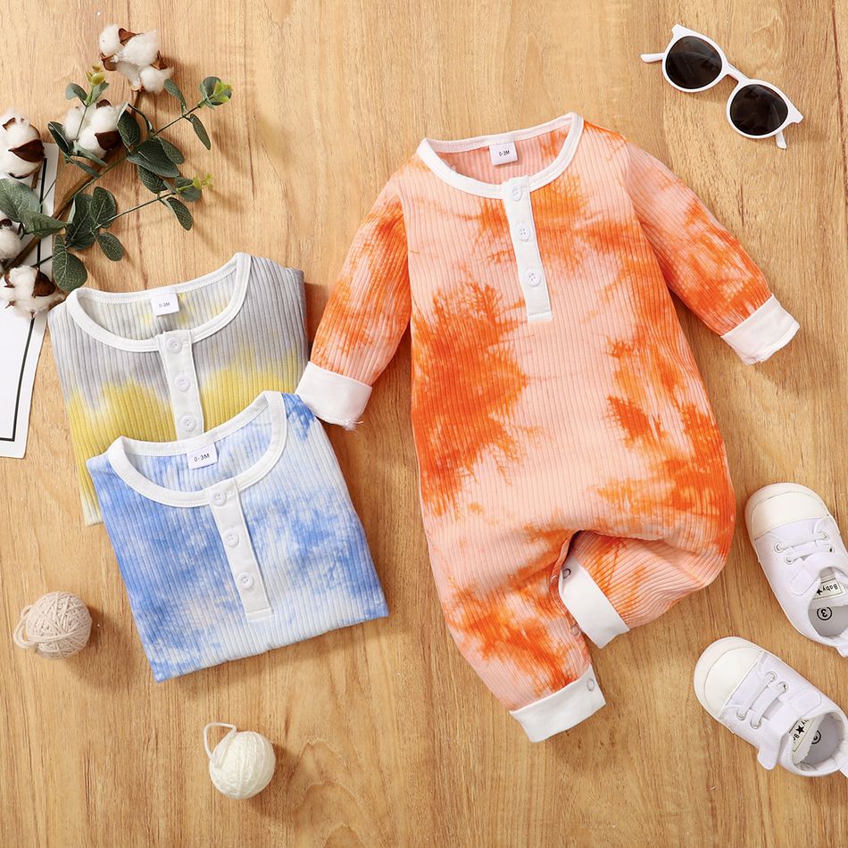 Tie Dye Long-sleeve Cotton Ribbed Baby Jumpsuit Pale Yellow big image 7