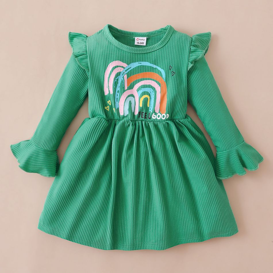 Toddler Girl Dinosaur/Rainbow Letter Print Ruffled Bell sleeves Dress Green
