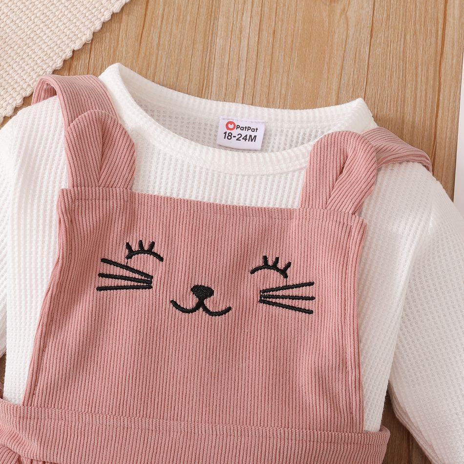 2-piece Toddler Girl Waffle White Top and Cat Embroidered Pink Overall Dress Set Pink big image 6
