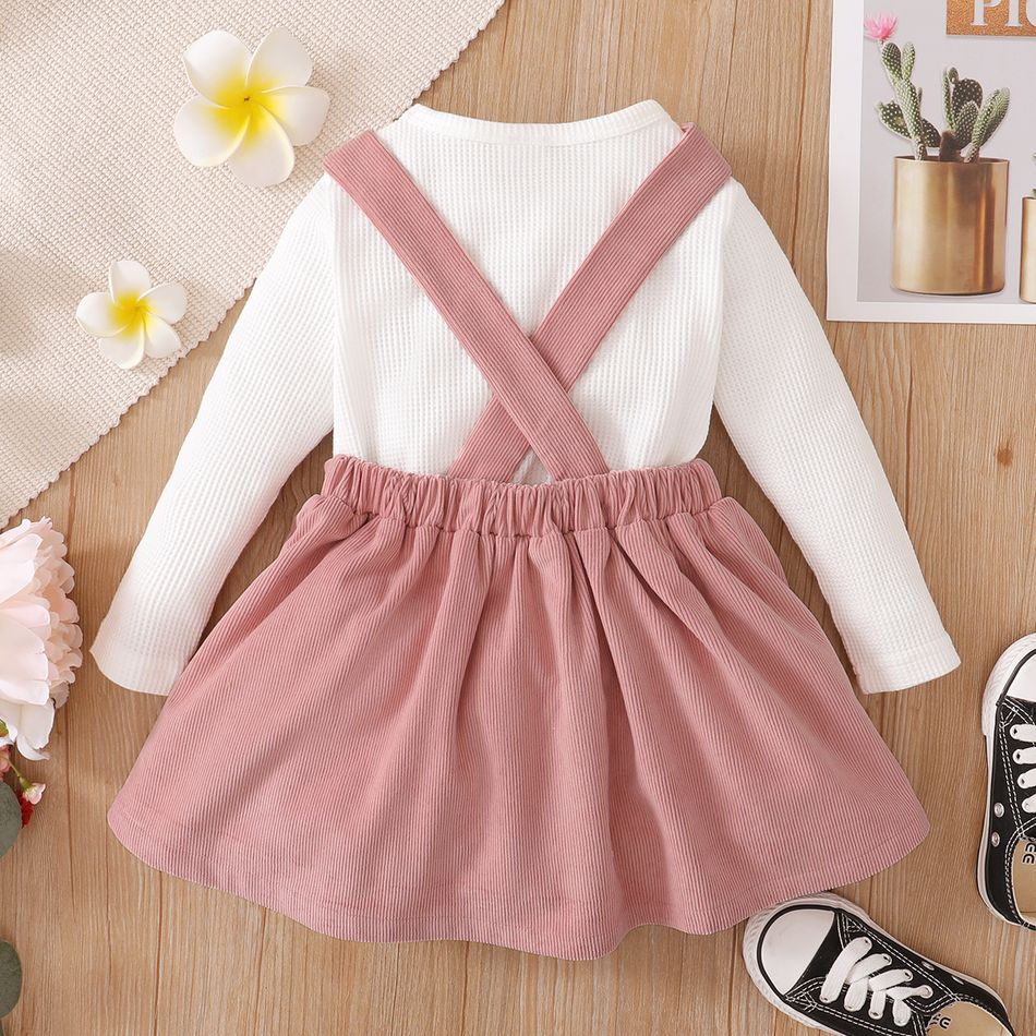 2-piece Toddler Girl Waffle White Top and Cat Embroidered Pink Overall Dress Set Pink big image 5