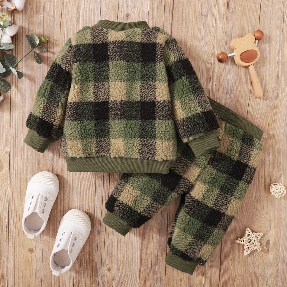 2-piece Toddler Boy Plaid Fuzzy Pullover Sweatshirt and Pants Set Army green big image 5