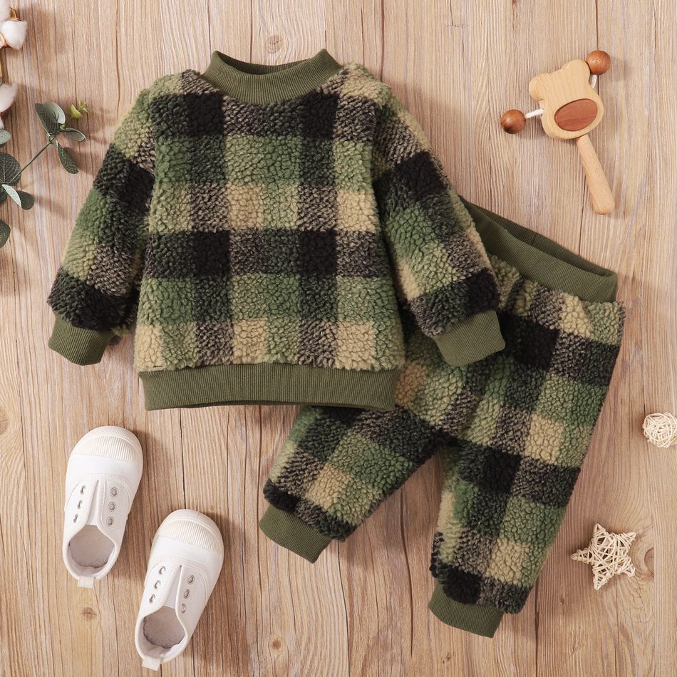 2-piece Toddler Boy Plaid Fuzzy Pullover Sweatshirt and Pants Set Army green big image 6