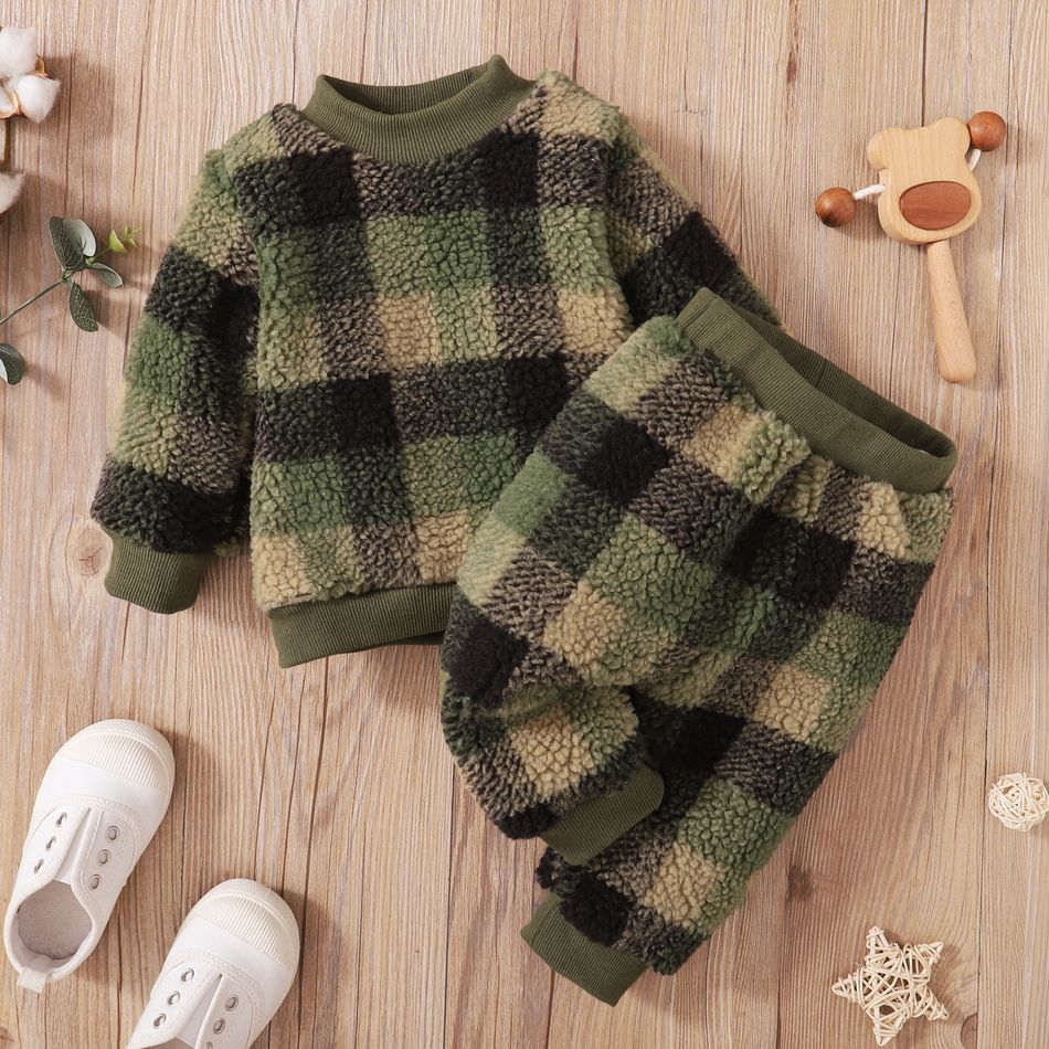 2-piece Toddler Boy Plaid Fuzzy Pullover Sweatshirt and Pants Set Army green