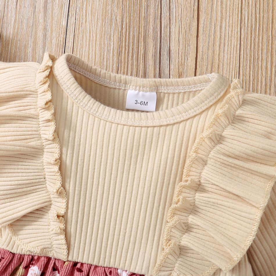 2pcs Baby Ribbed Ruffle Long-sleeve Splicing Floral Print Corduroy Dress Set Color block big image 3