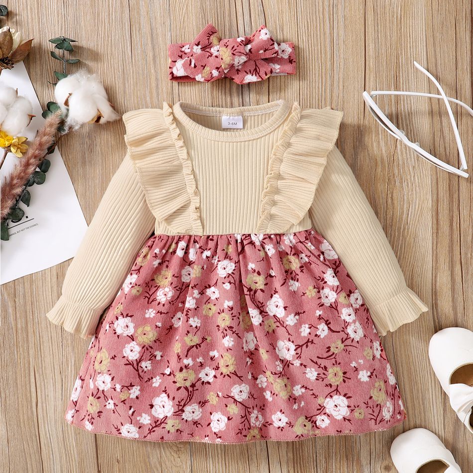2pcs Baby Ribbed Ruffle Long-sleeve Splicing Floral Print Corduroy Dress Set Color block big image 1