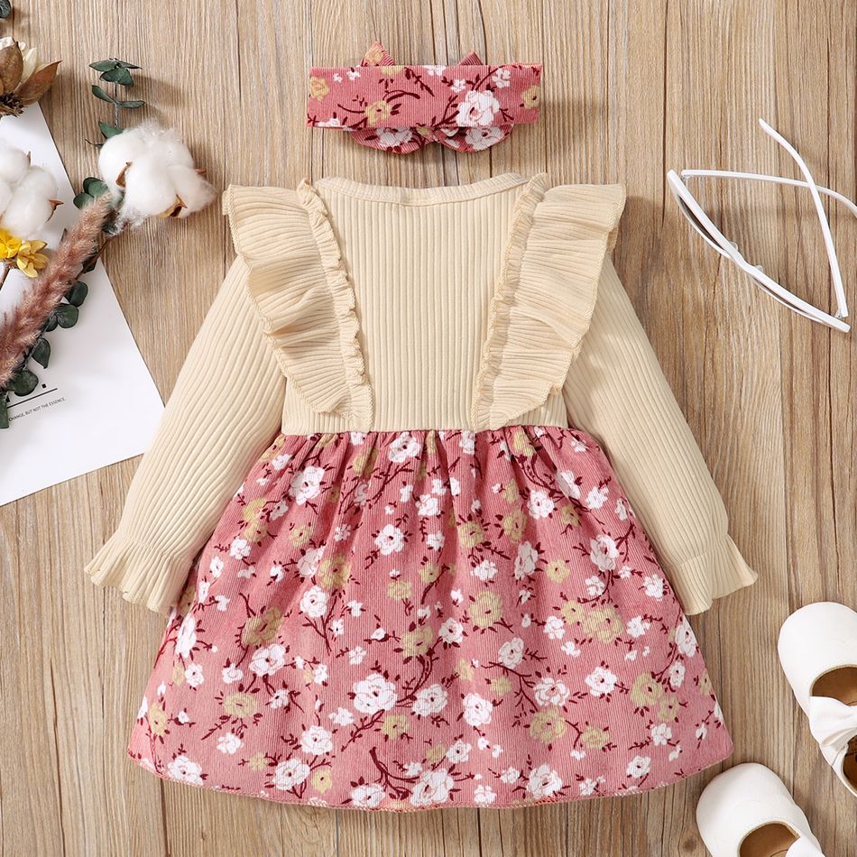 2pcs Baby Ribbed Ruffle Long-sleeve Splicing Floral Print Corduroy Dress Set Color block big image 2