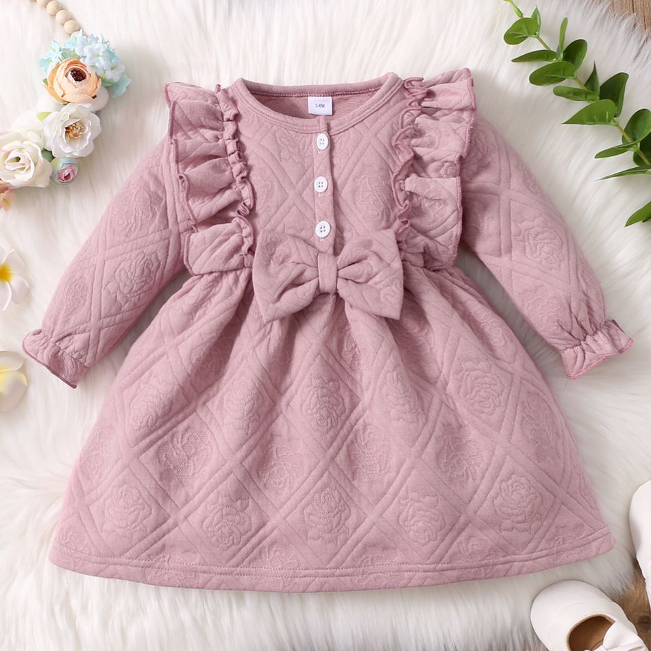 Baby Solid Button Down Long-sleeve Ruffle Bowknot Dress Dark Pink