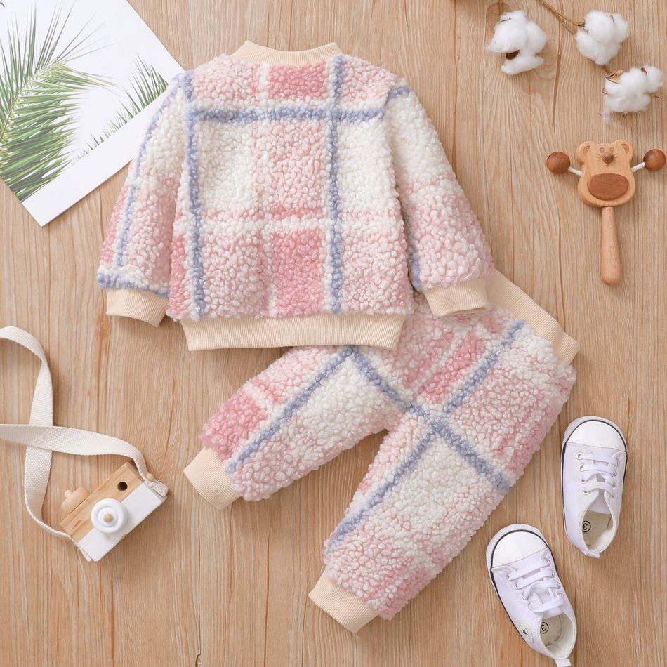 2-piece Baby Boy Plaid Fuzzy Sweatshirt and Pants Casual Set Light Pink big image 6