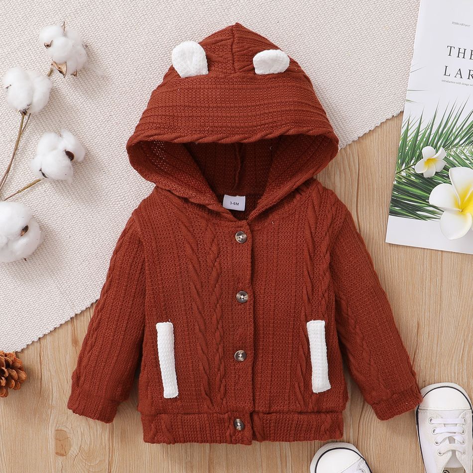 Baby Girl 100% Cotton Cable Knit Textured Ear Design Hooded Jacket Brick red big image 1