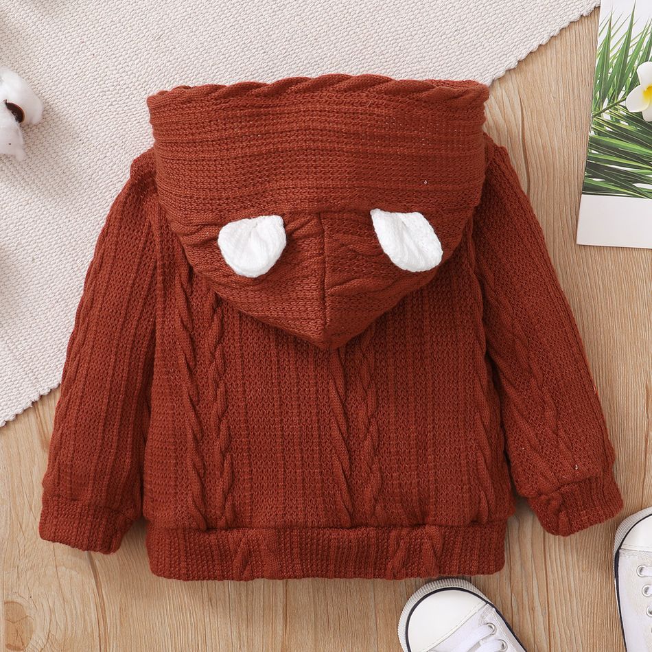 Baby Girl 100% Cotton Cable Knit Textured Ear Design Hooded Jacket Brick red big image 6