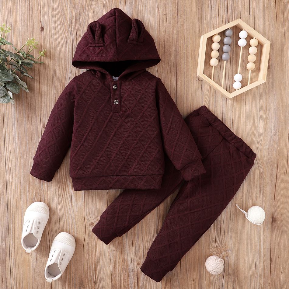 2-piece Toddler Girl Textured Button Design Hoodie Sweatshirt and Solid Color Pants Set Burgundy big image 1