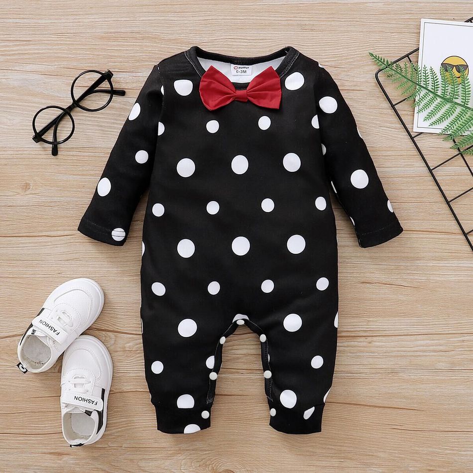 Polka Dots Print Bow Tie Decor Long-sleeve Black Baby Jumpsuit Black
