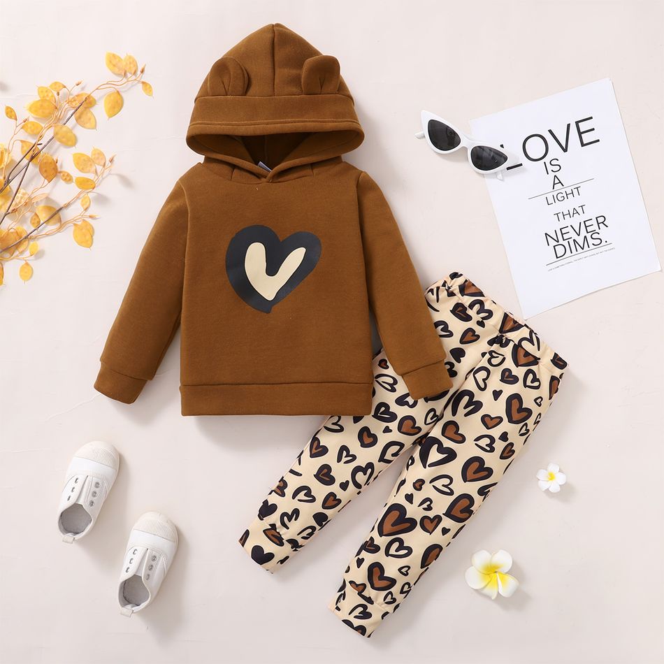 2-piece Toddler Girl Heart/Leopard/Rainbow Print Hoodie Sweatshirt and Elasticized Pants Set Brown