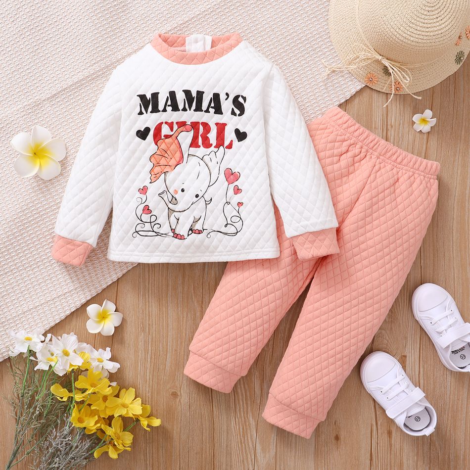 2-piece Toddler Girl Letter Elephant Print Textured Sweatshirt and Pink Pants Set PinkyWhite