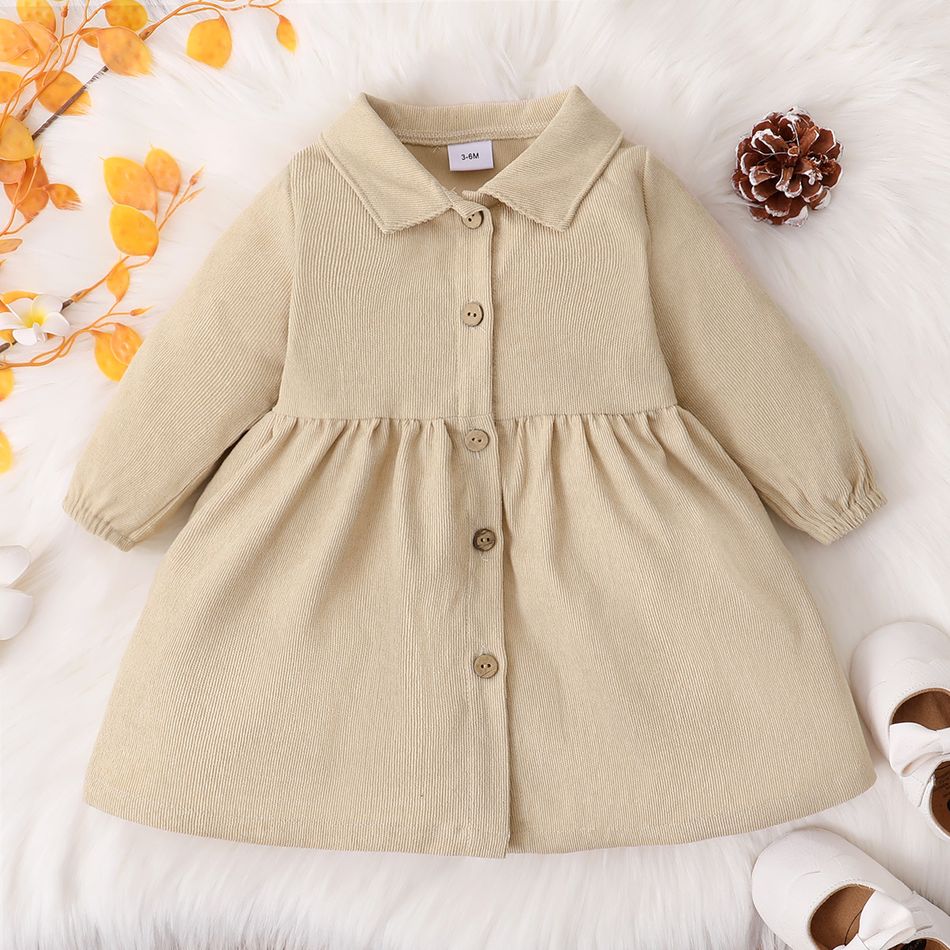 Baby Girl 100% Cotton Plaid/Khaki Corduroy Lapel Button Down Long-sleeve Dress Khaki