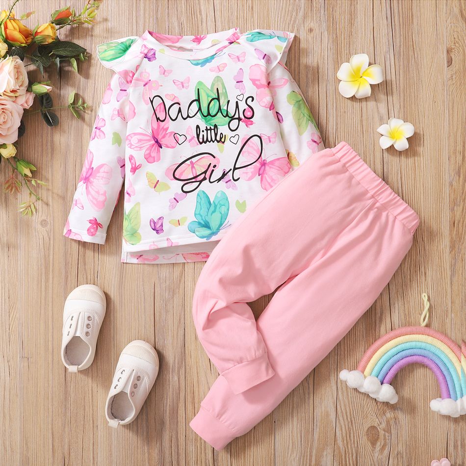 2-piece Toddler Girl Ruffled Letter Butterfly Print Long-sleeve Tee and Elasticized Pink Pants Set Pink big image 2