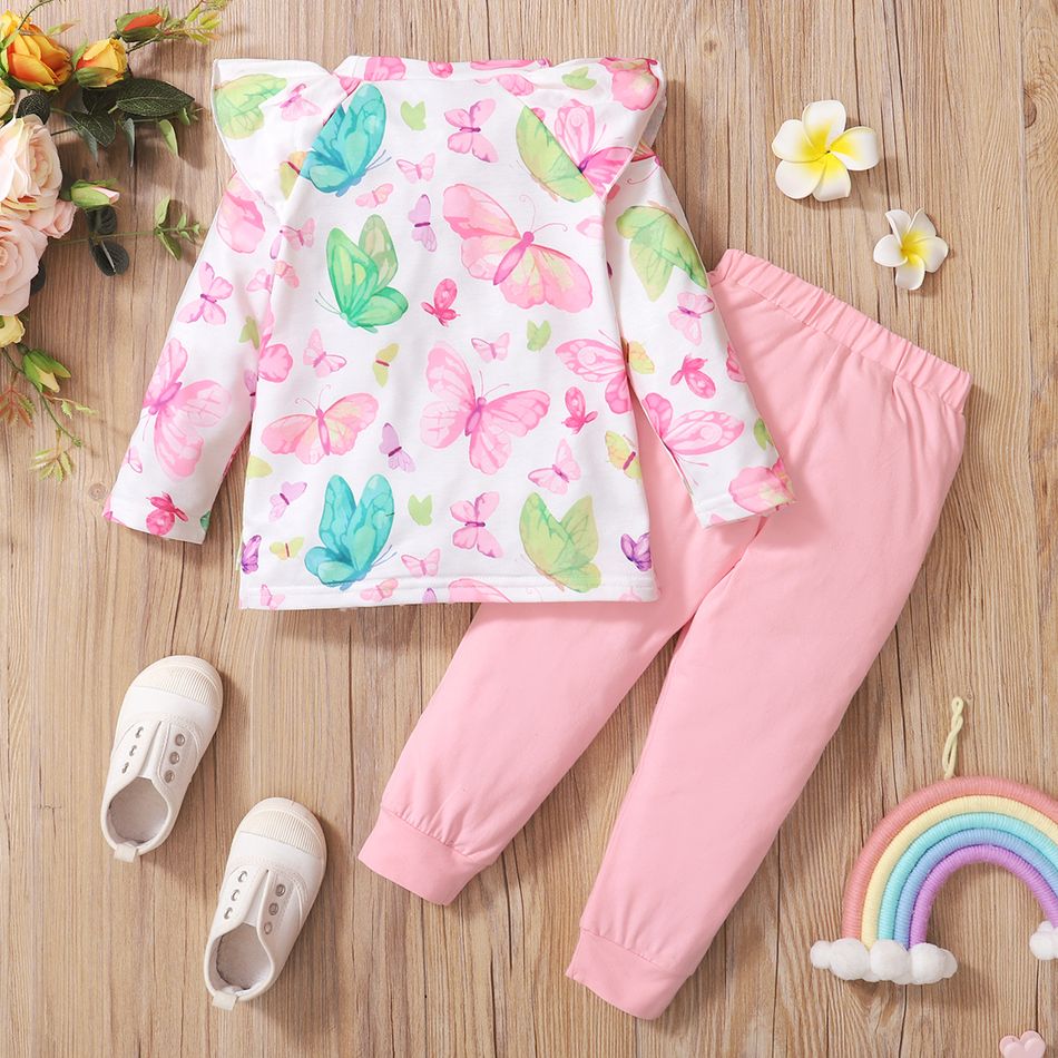2-piece Toddler Girl Ruffled Letter Butterfly Print Long-sleeve Tee and Elasticized Pink Pants Set Pink big image 3