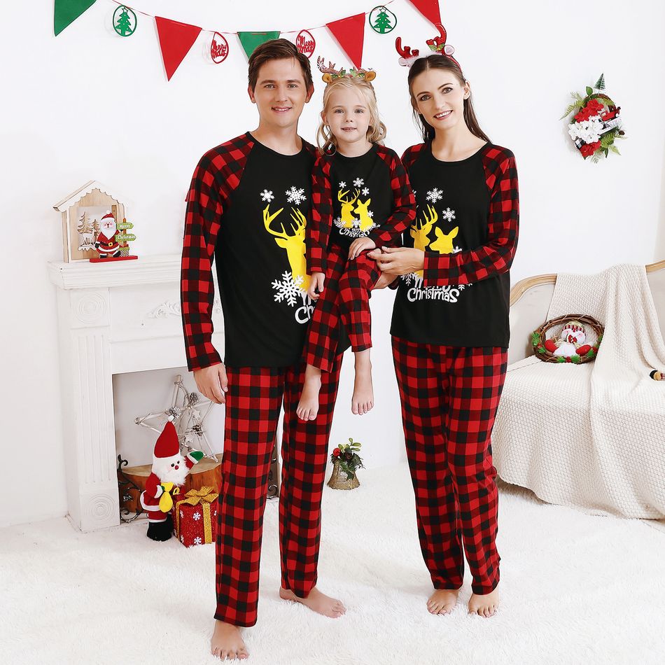 Christmas Reindeer Snowflake and Letter Print Family Matching Red Plaid Raglan Long-sleeve Pajamas Sets (Flame Resistant) Red