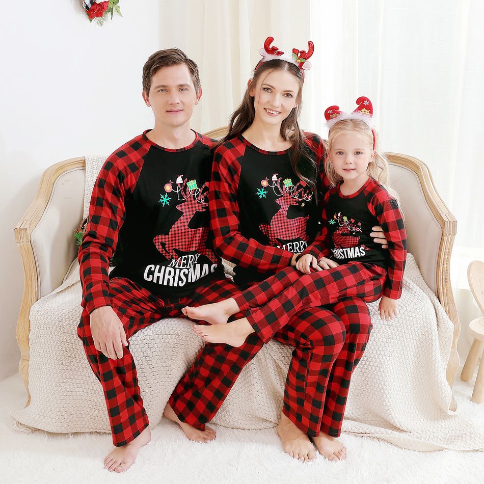 Christmas Reindeer and Letter Print Family Matching Raglan Long-sleeve Red Plaid Pajamas Sets (Flame Resistant) Red