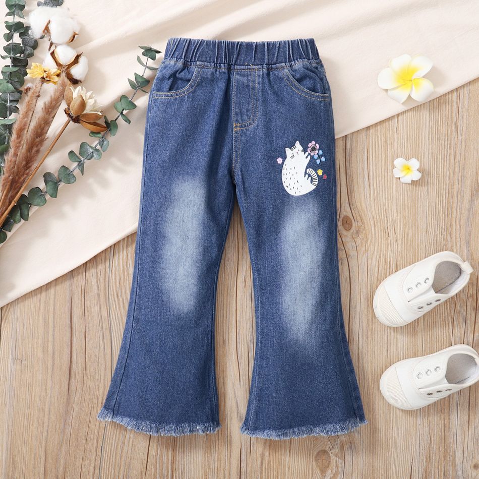 Toddler Girl Cat Floral Print Flared Denim Jeans Blue