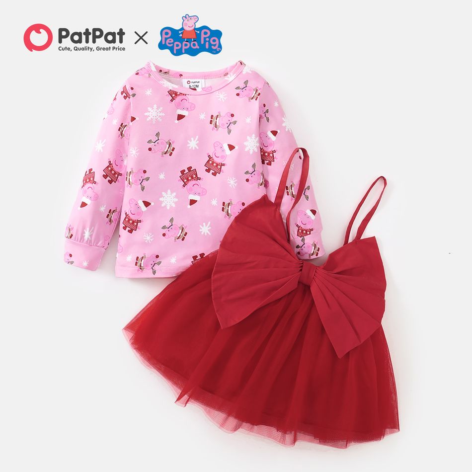 Peppa Pig 2-piece Baby Girl Christmas Snowflake Top and Big Bow Mesh Dress Set Red