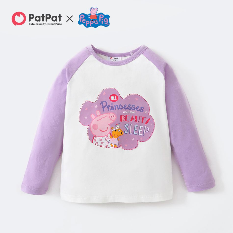 Peppa Pig Toddler Girl Letter Print Colorblock Cotton Long Raglan Sleeve Tee Light Purple