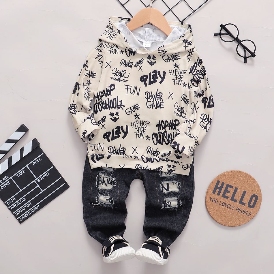 2pcs Baby Boy 95% Cotton Denim Ripped Jeans and All Over Graffiti Letter Print Long-sleeve Hoodie Set Color block big image 1
