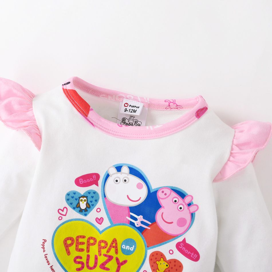 Peppa Pig 2pcs Baby Girl Heart Print Long-sleeve Romper and Layered Suspender Skirt Set PinkyWhite big image 6