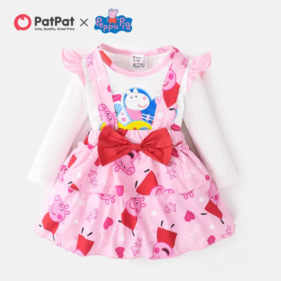 Peppa Pig 2pcs Baby Girl Heart Print Long-sleeve Romper and Layered Suspender Skirt Set PinkyWhite big image 2