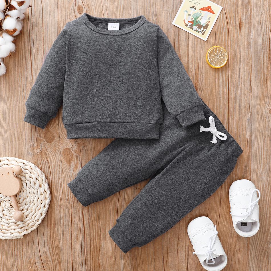 2pcs Baby Girl Solid Long-sleeve Loungewear Pullover and Trousers Set Dark Grey