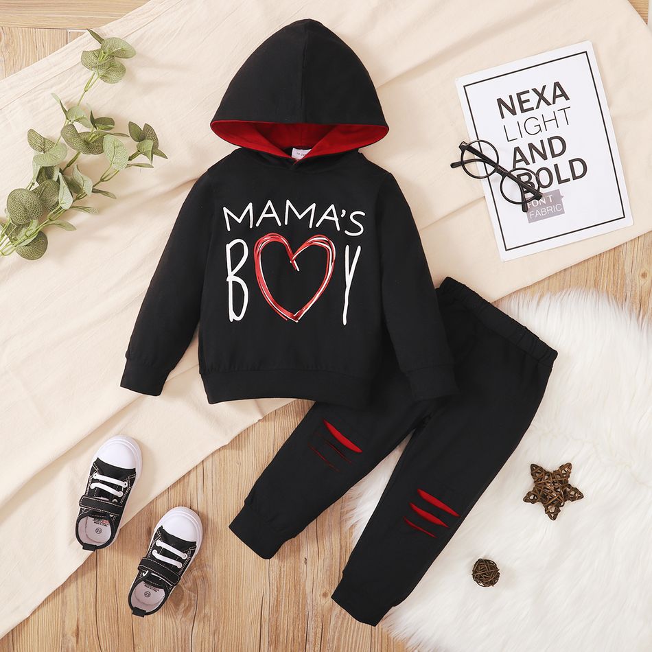 Valentine's Day 2pcs Baby Boy Love Heart and Letter Print Long-sleeve Hoodie with Ripped Pants Set Black