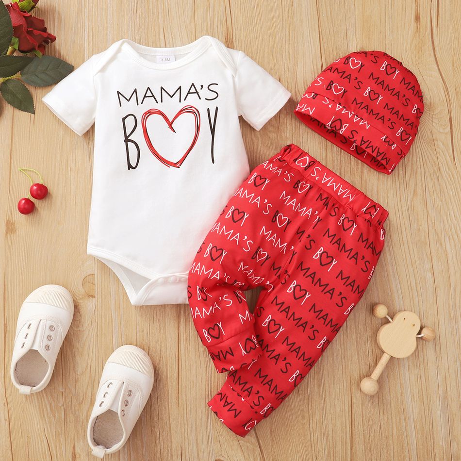 3pcs Baby Boy 95% Cotton Short-sleeve Love Heart & Letter Print Romper and Pants with Hat Set Red/White big image 2