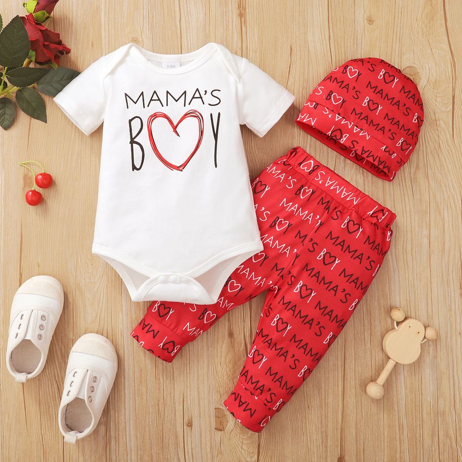 3pcs Baby Boy 95% Cotton Short-sleeve Love Heart & Letter Print Romper and Pants with Hat Set Red/White