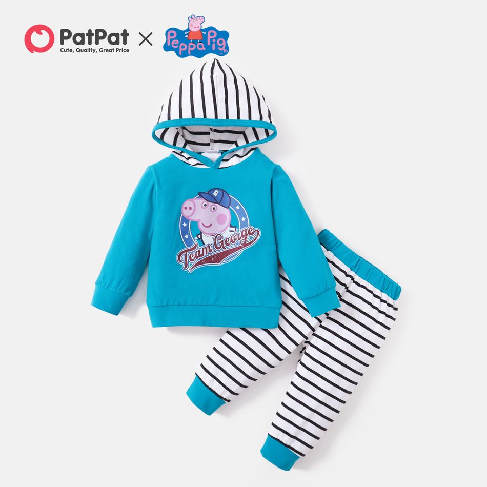 Peppa Pig 2pcs Baby Boy Letter Print Cotton Striped Hoodie and Pants Set Lakeblue