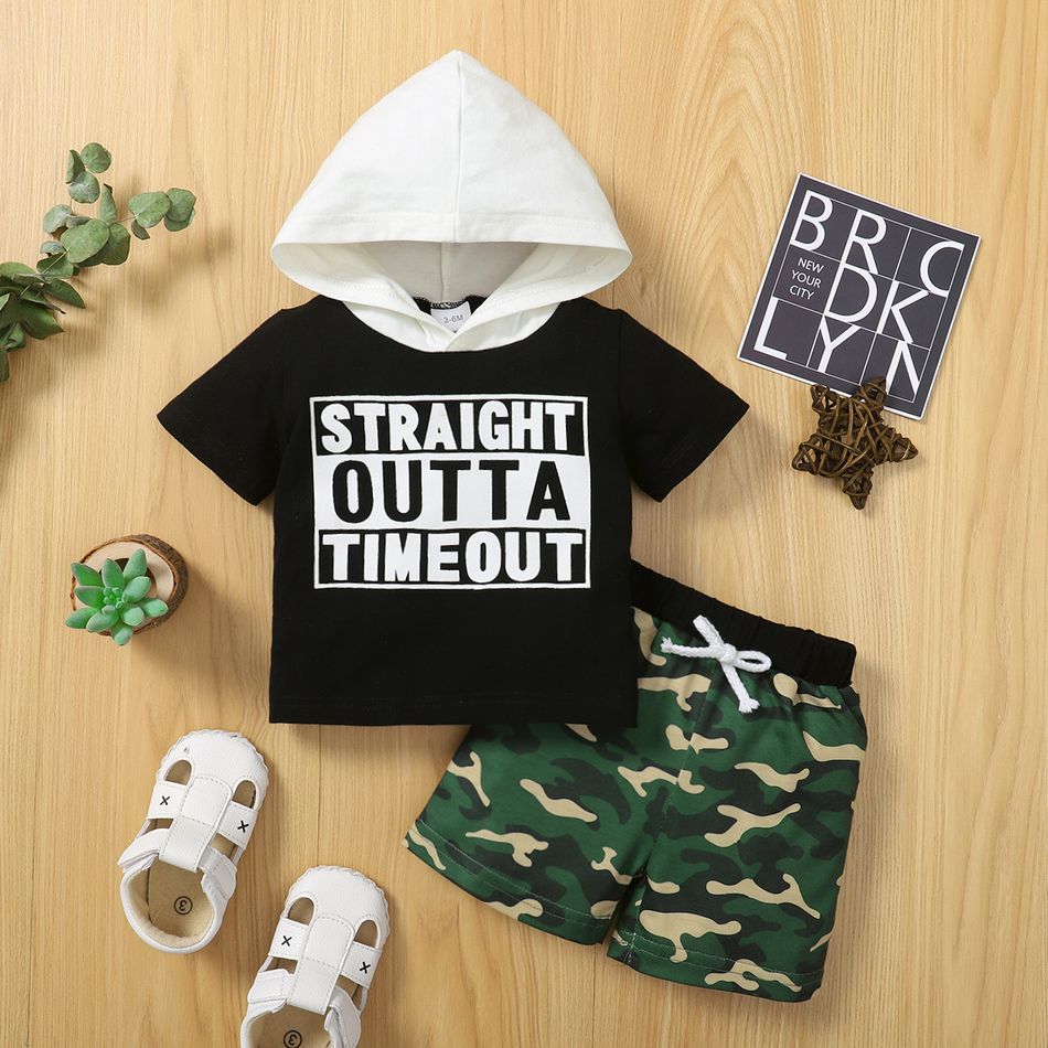 2pcs Baby Boy 95% Cotton Short-sleeve Letter Print Contrast Hooded Tee and Camouflage Shorts Set Black big image 2